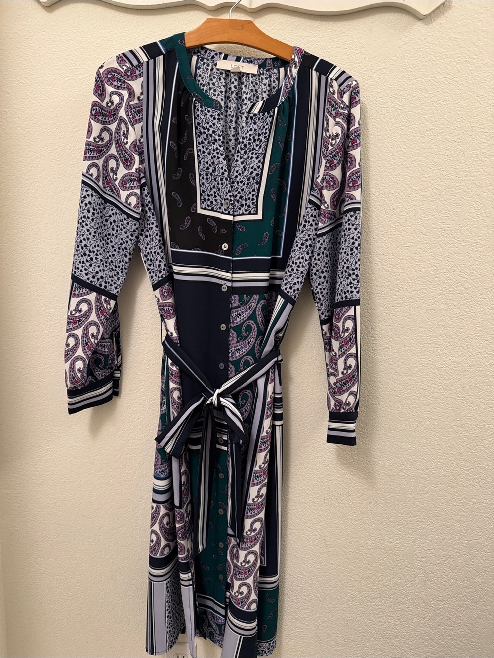 LOFT Navy, Green & Purple Paisley-Stripe Long Sleeve Shirt Dress